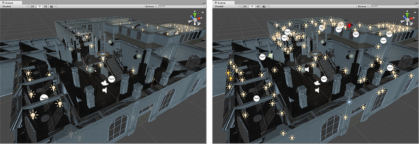 Unity 左圖：3D模式中的圖標。右圖：2D模式下的圖標。